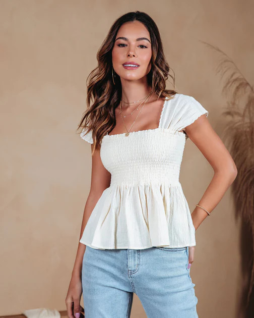 Aviva Cotton Linen Blend Smocked Top - Cream | VICI