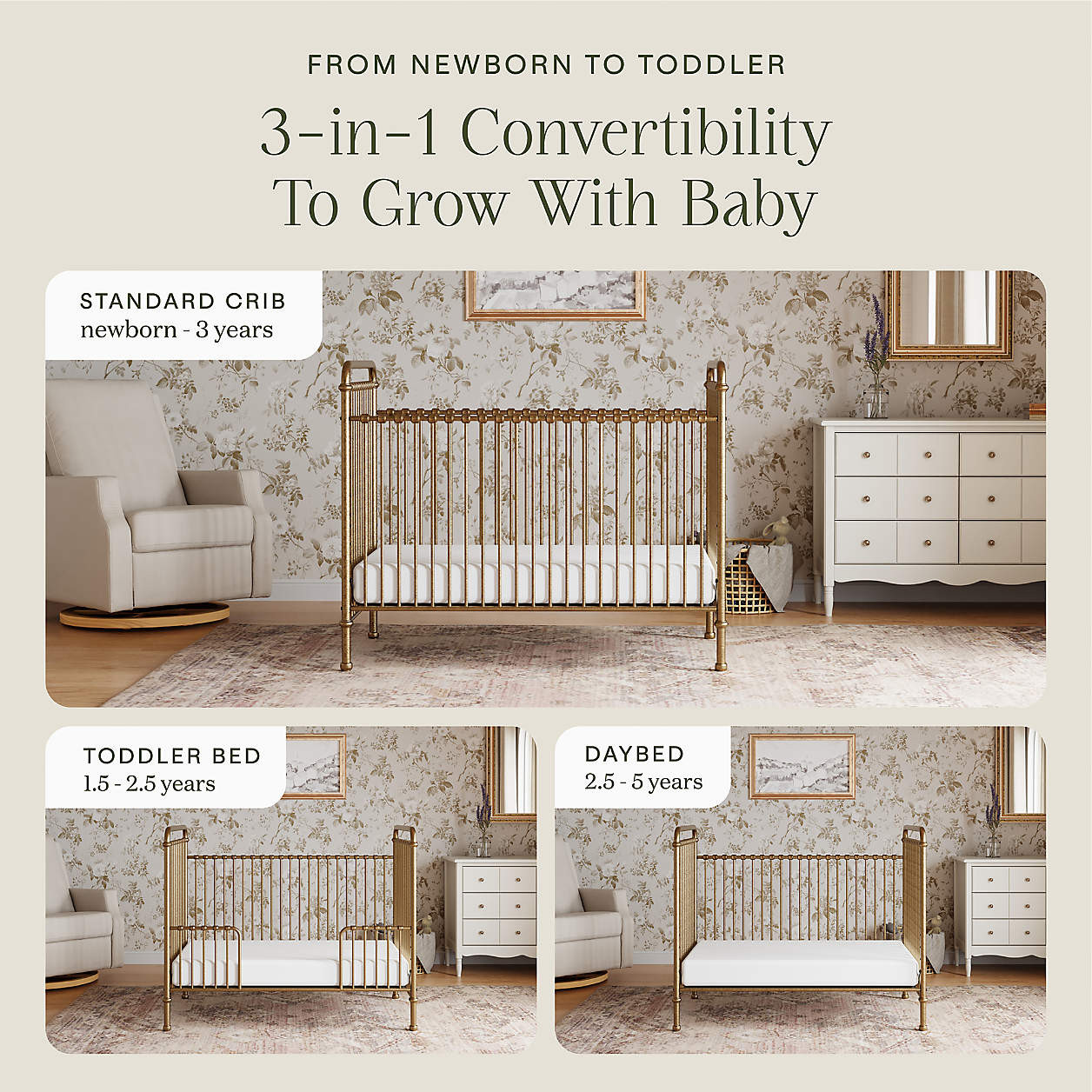 Namesake Abigail Vintage Gold Iron 3-in-1 Convertible Baby Crib + Reviews | Crate & Kids | Crate & Barrel