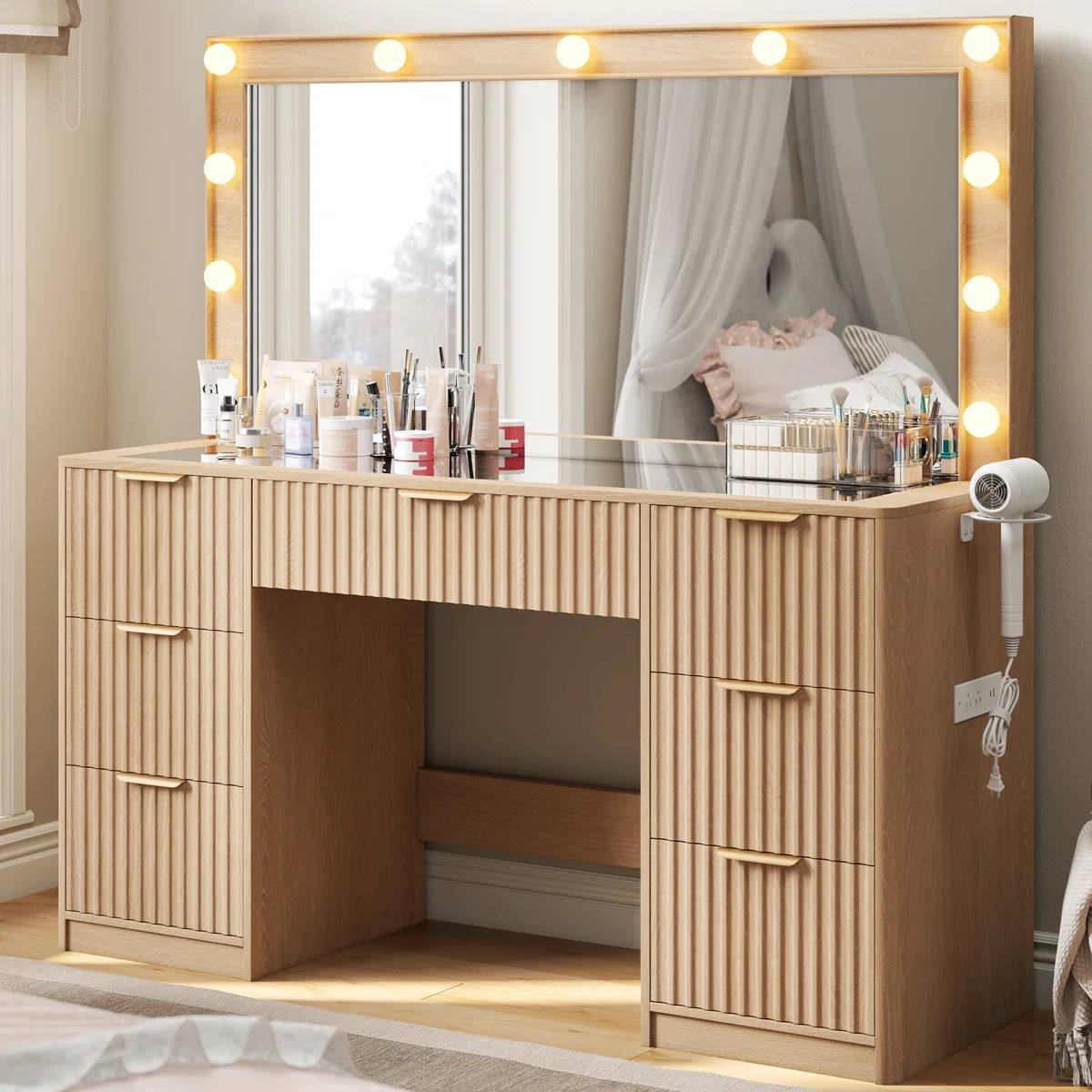 47" Large Natural Fluted Vanity Desk With Mirror & Adjustable Led Lights | Wayfair North America