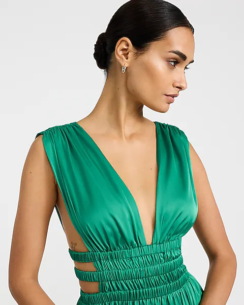 Satin V-neck Sleeveless Strappy Ruched Cutout Maxi Dress | Express