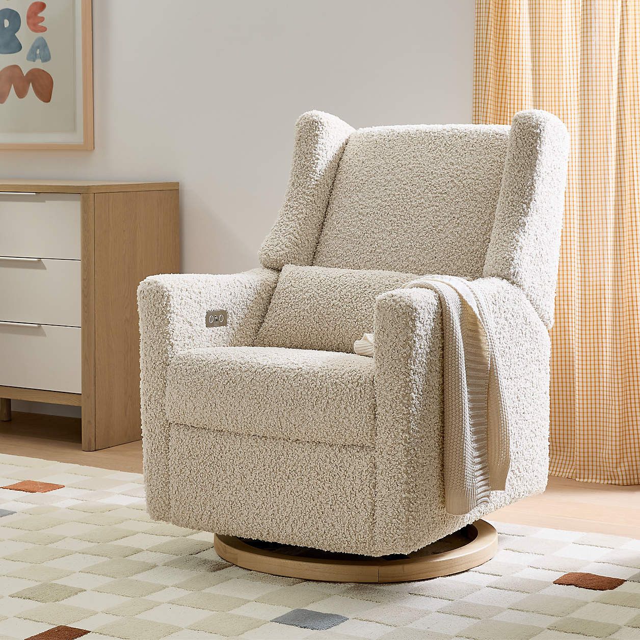 Babyletto Kiwi Almond Teddy Loop Nursery Power Glider Recliner Chair with Light Wood Base + Revie... | Crate & Barrel