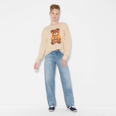 Women's Teddy Bear Pumpkin Graphic Sweatshirt - Beige L | Target