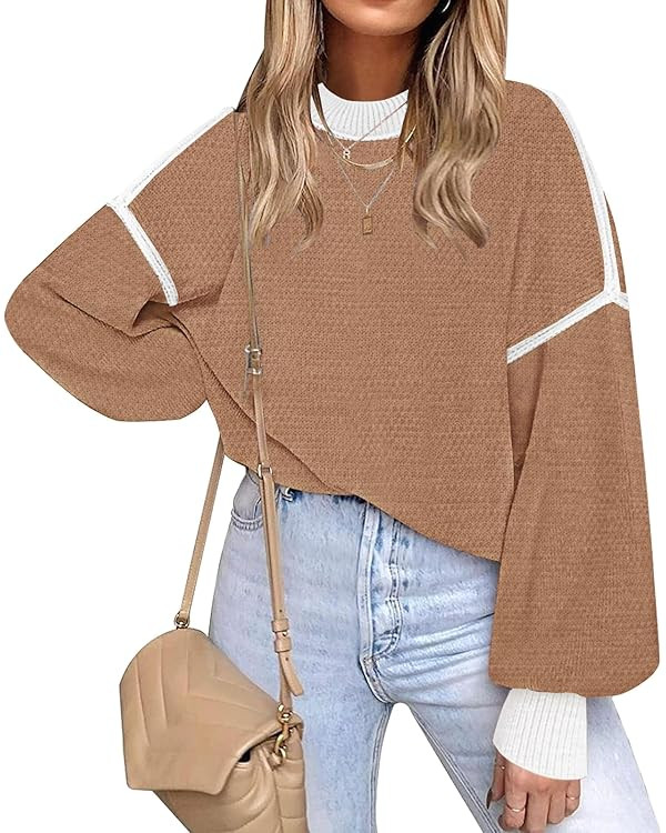 Fall Clothes for Women 2024 Trendy Fashion Oversized Sweaters Color Block Long Sleeve Knited Pull... | Amazon (US)