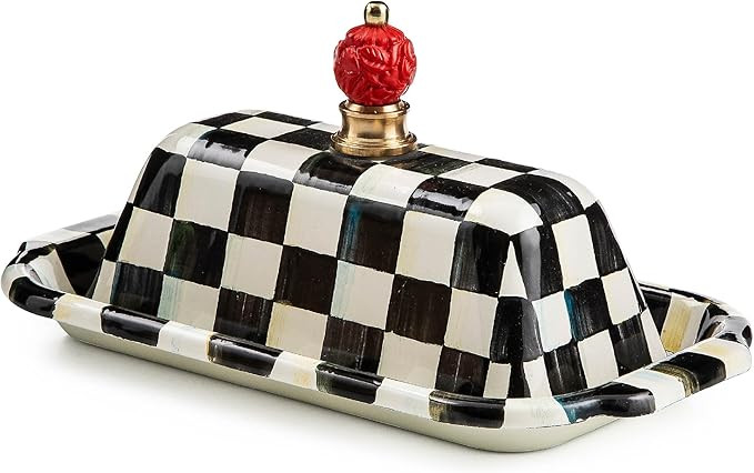 MACKENZIE-CHILDS Enamel Butter Box, Cute Lidded Enamel Butter Dish, Black-and-White Courtly Check | Amazon (US)
