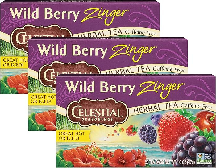 Celestial Seasonings Wild Berry Zinger Herbal Tea, Caffeine Free, 20 Tea Bags Box (Pack of 3) | Amazon (US)