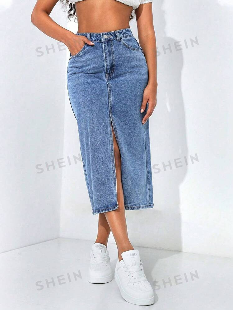 SHEIN PETITE Women's Summer Casual Front Split Denim Skirt | SHEIN USA | SHEIN