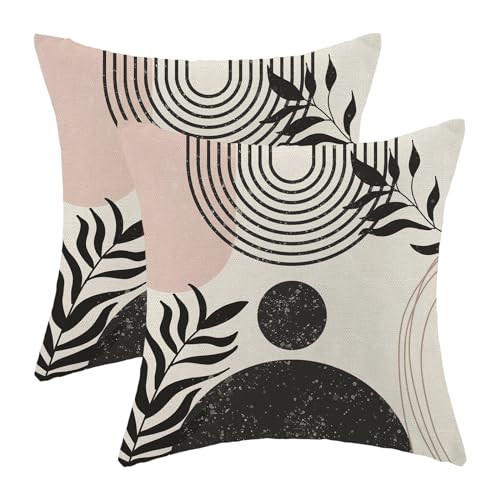 Boho Pillow Covers 18x18 Set of 2, Bohemian Mid Century Style Pink Black Throw Cushion Cases, Linen Farmhouse Vintage Abstract Art Decor for Couch Sofa Outdoor | Amazon (US)