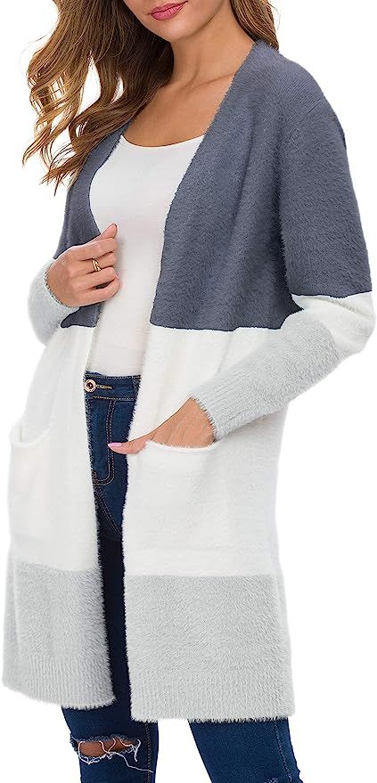 QIXING Women's Casual Open Front Knit Cardigans Long Sleeve Plush Sweater Coat with Pockets | Amazon (US)