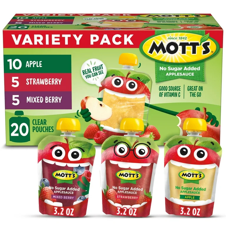 Mott's No Sugar Added Applesauce Variety Pack, 3.2 oz, 20 Count Clear Pouches | Walmart (US)