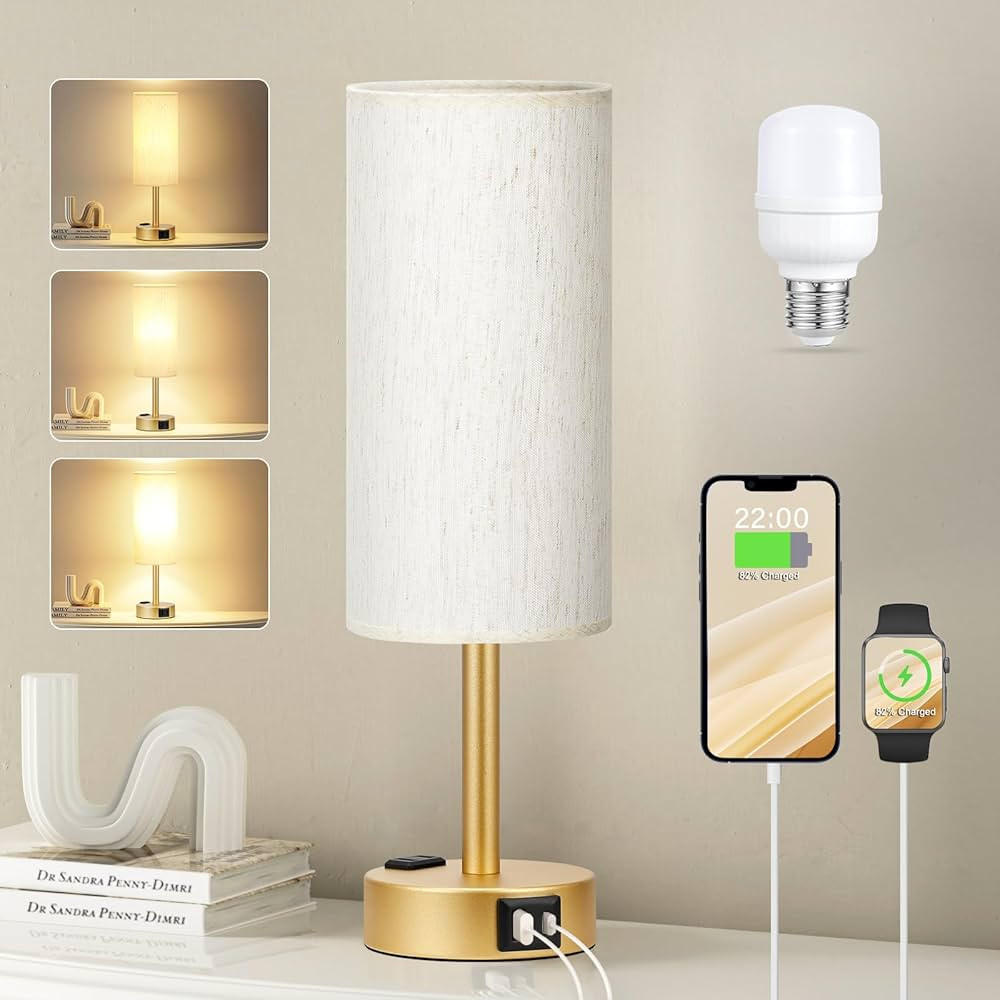 Gold Nightstand Bedroom Lamp - 3 Way Dimmable Bedside Lamp USB C A Charging Ports and AC Outlet, ... | Amazon (US)