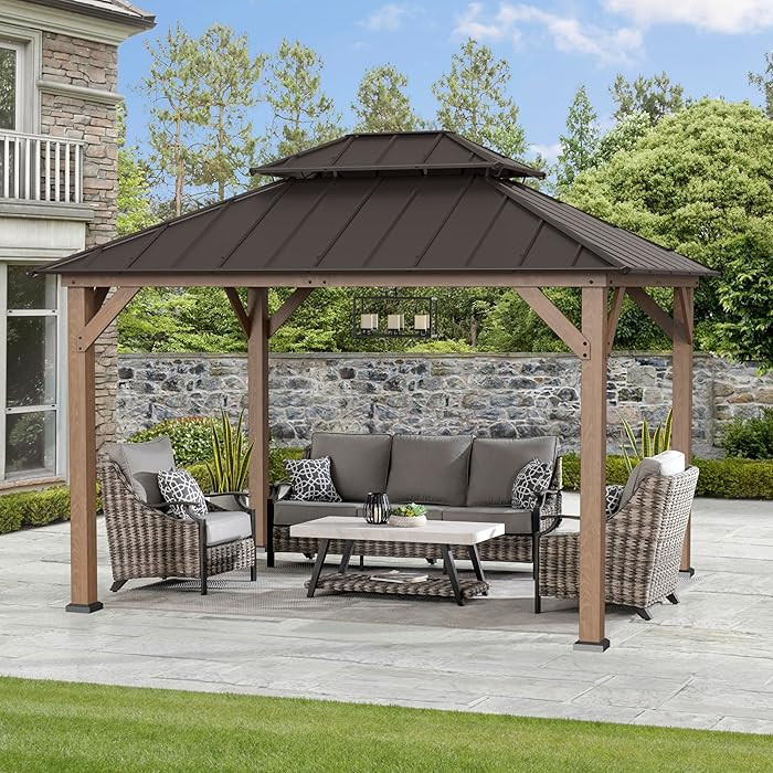 Sunjoy 10 x 12 ft. Wood Gazebo, Outdoor Patio Steel Hardtop Gazebo, Cedar Framed Wooden Gazebo wi... | Amazon (US)