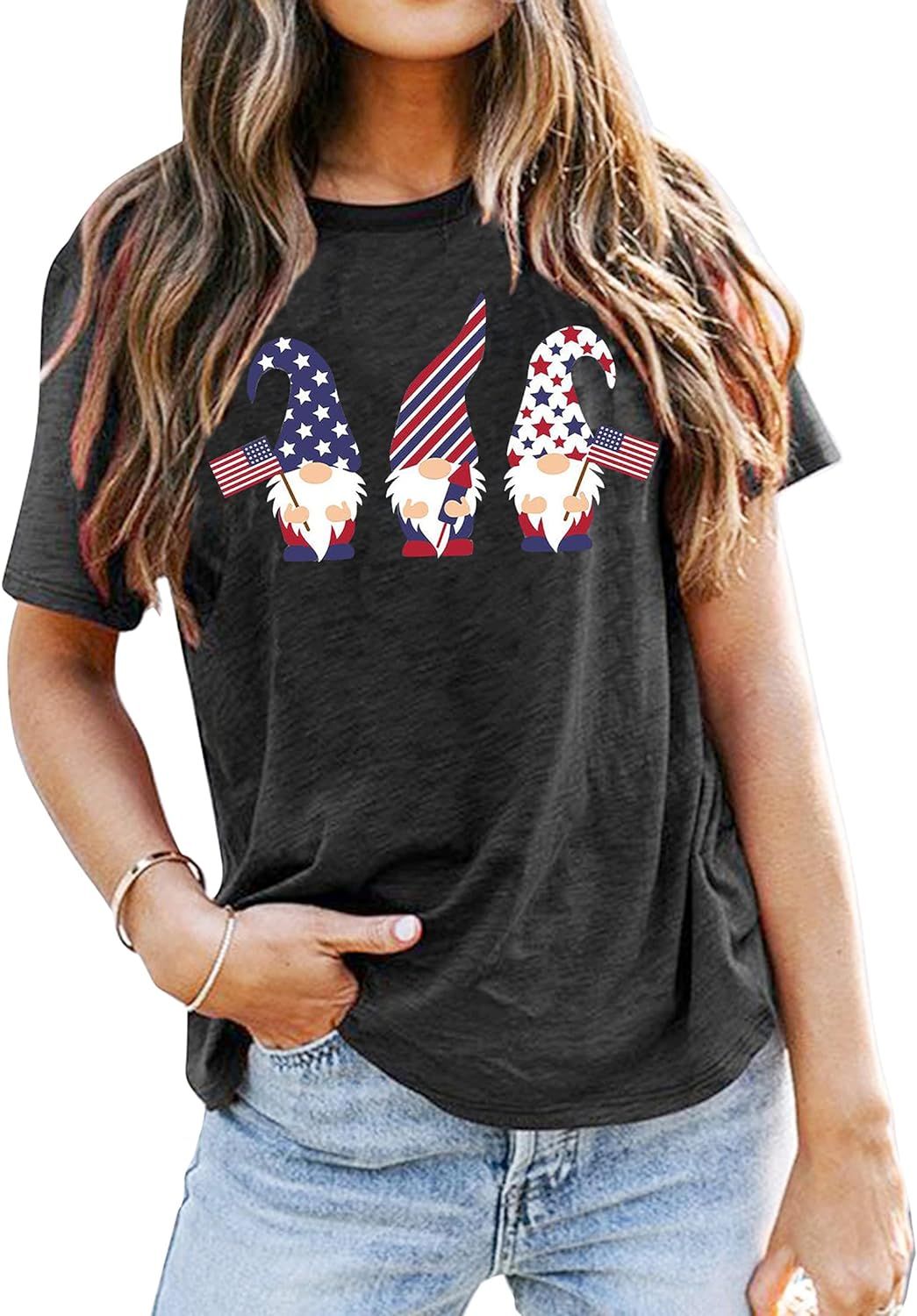 American Flag T Shirt Women Gnomes Patriotic Shirt USA Flag Print Graphic T-Shirt 4th of July Tee... | Amazon (US)