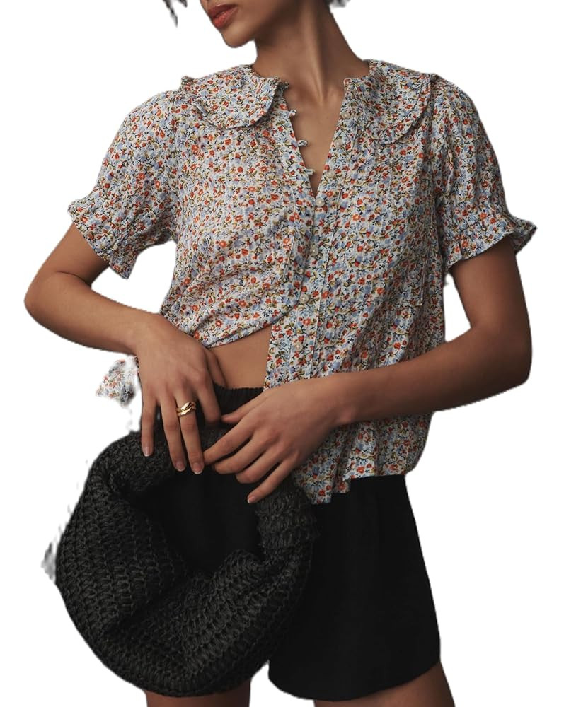 Women Y2k Puff Sleeve Peter Pan Collar Shirt Tops Button Down Boho Floral Print Ruffle Blouse Sum... | Amazon (US)