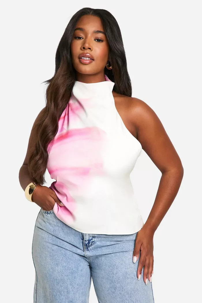 Plus Premium Satin Floral Print Halter Tie Back Top | boohoo (US & Canada)