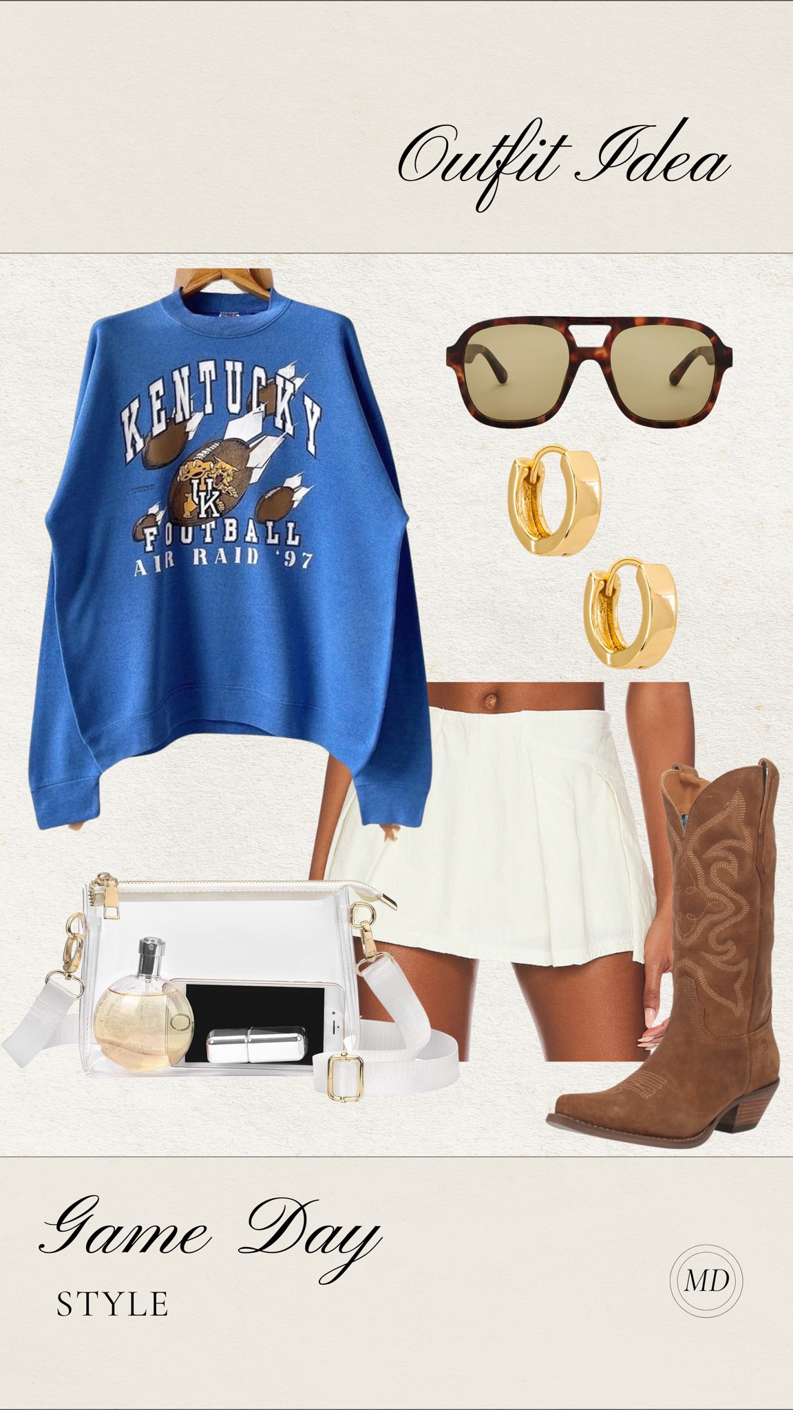 Game day outfit inspo! Found the cutest Kentucky football crew sweater and pair it with these western boots! So easy and cute to throw on!

Game day outfits, Kentucky game day, pleated skirt, western boots, clear bag, Amazon, gold accessories 

#LTKFindsUnder50 #LTKSeasonal #LTKFindsUnder100