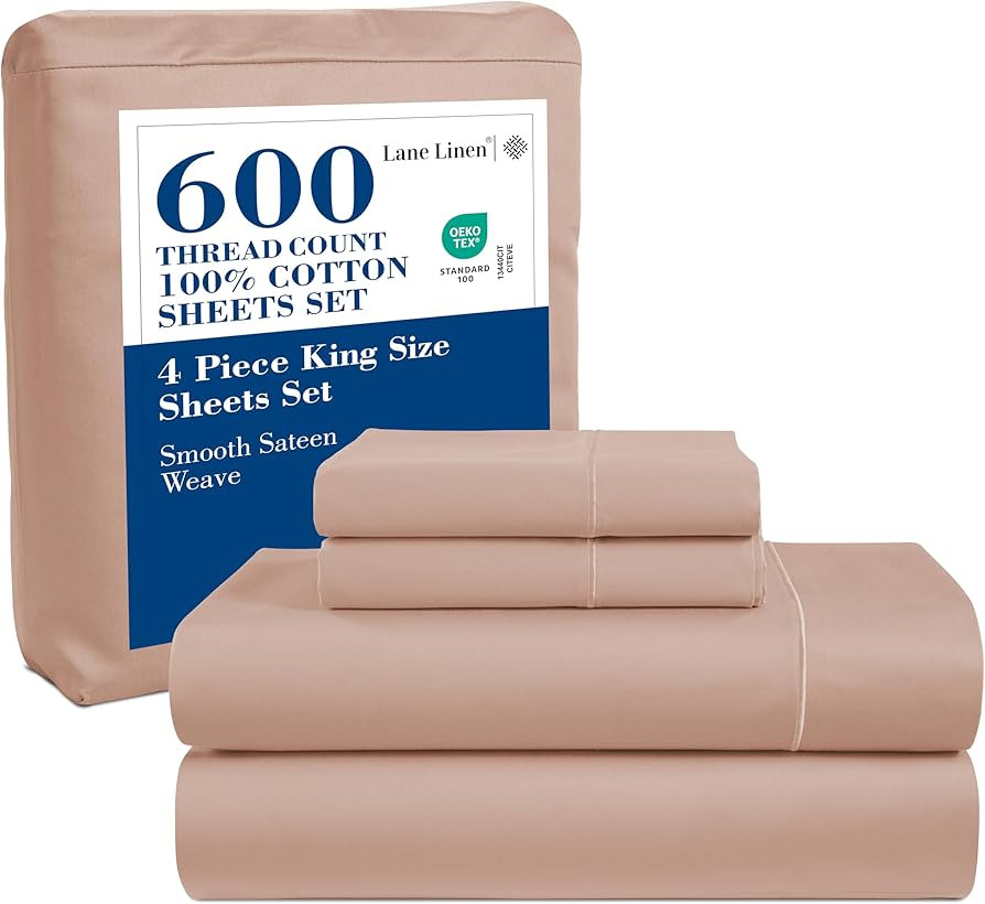 LANE LINEN 600 TC 100% Cotton Sheets Set King Size - Soft & Comfy Natural Cooling Sateen Weave Ki... | Amazon (US)