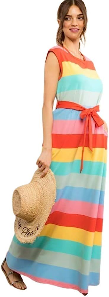 Women's Stripe Cap Sleeve Waist Tie Belt Cotton Maxi Dress | Amazon (US)