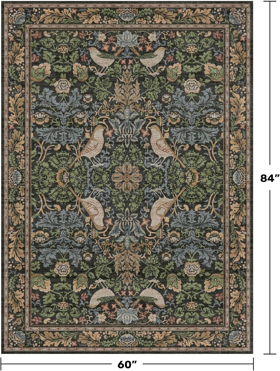 Vintage Floral Area Rug 5x7 for Living Room - Dark Green Forest Bird Rugs for Bedroom, Dinning Ro... | Amazon (US)