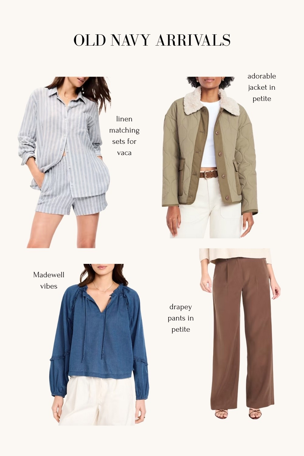 Affordable spring and vacation arrivals- petites all stocked 

Also owned a few pieces I own and like including the jeans and the oversized lightweight button up stripe blue shirt 

• linen shirt and shorts / pant sets
• spring jackets 
• drape pants 
• spring tops 



#LTKWorkwear #LTKPetite #LTKSeasonal