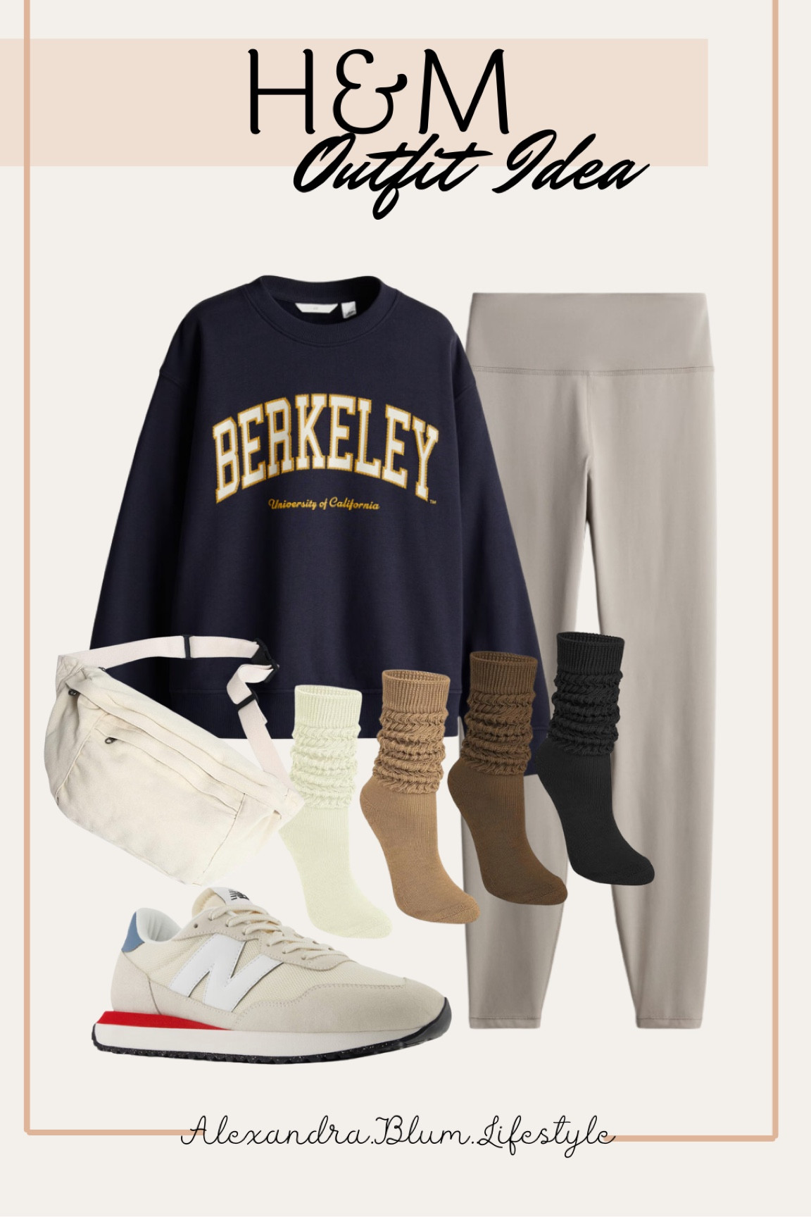 Casual fall outfit idea perfect for Saturday mornings from H&M! Berkeley graphic crew neck sweatshirt, stone color leggings, scrunchie socks, crossbody waist bag, and retro new balance sneakers! 

#LTKU #LTKFindsUnder50 #LTKStyleTip