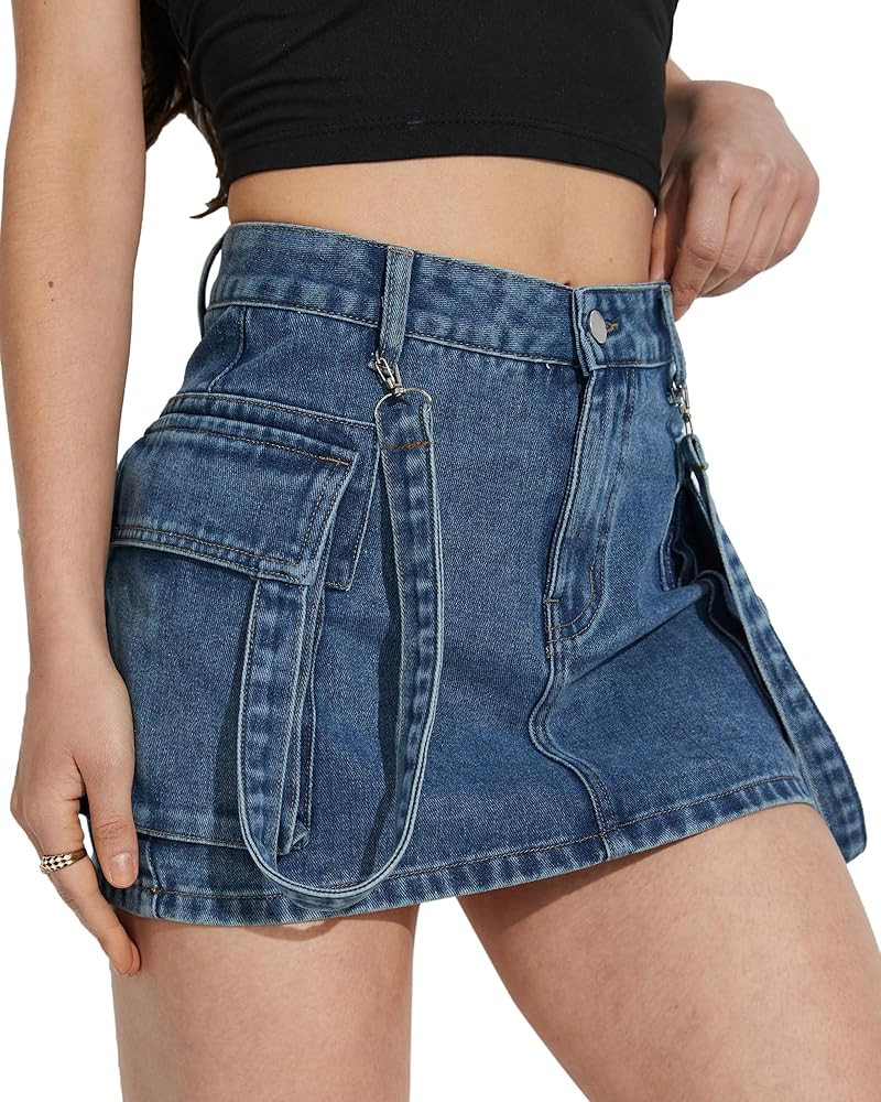 High Waisted Cargo Denim Skort for Woman Y2K Mini Jean Skirt for Women Denim Faldas De Mezclilla ... | Amazon (US)