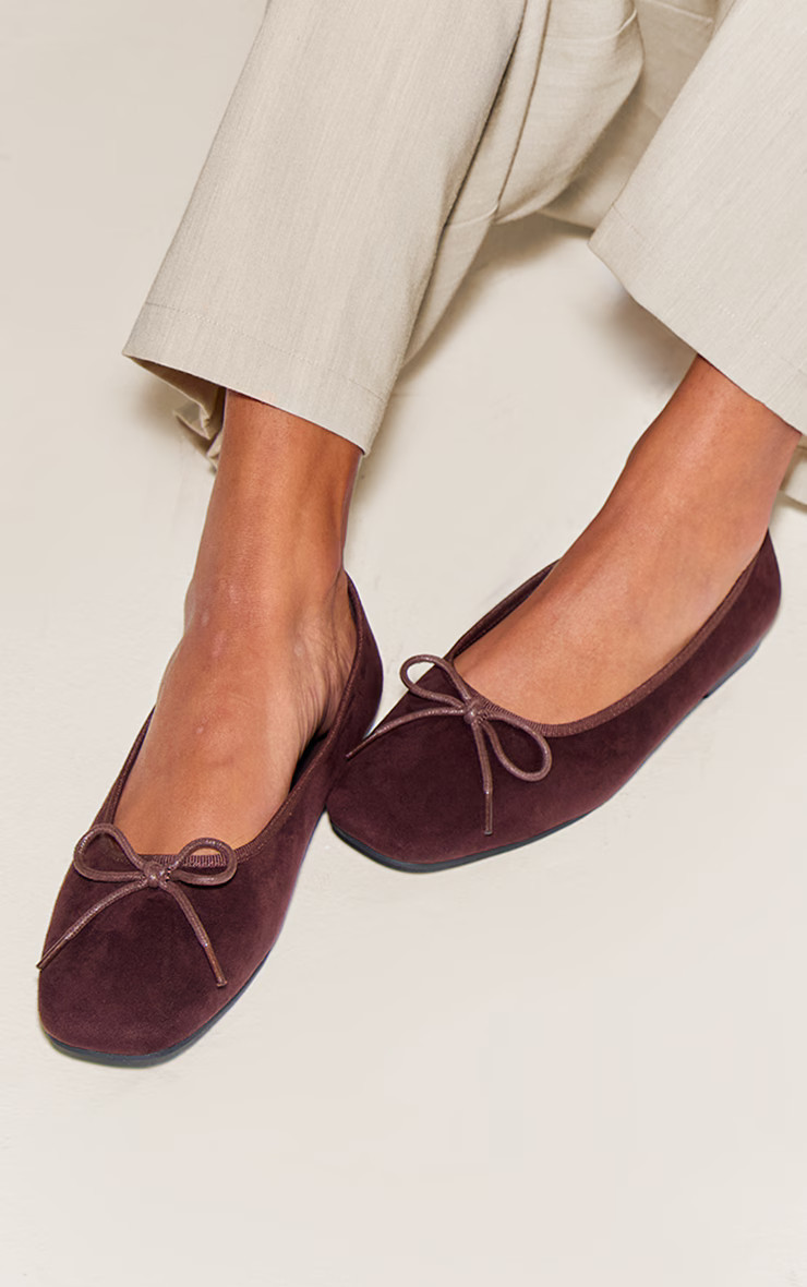 Chocolate Faux Suede Square Toe Ballet Flats | PrettyLittleThing UK