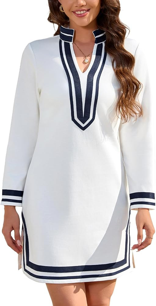 Women's Color Block Shift Mini Dress Long Sleeve V Neck Casual Tunic Dress | Amazon (US)