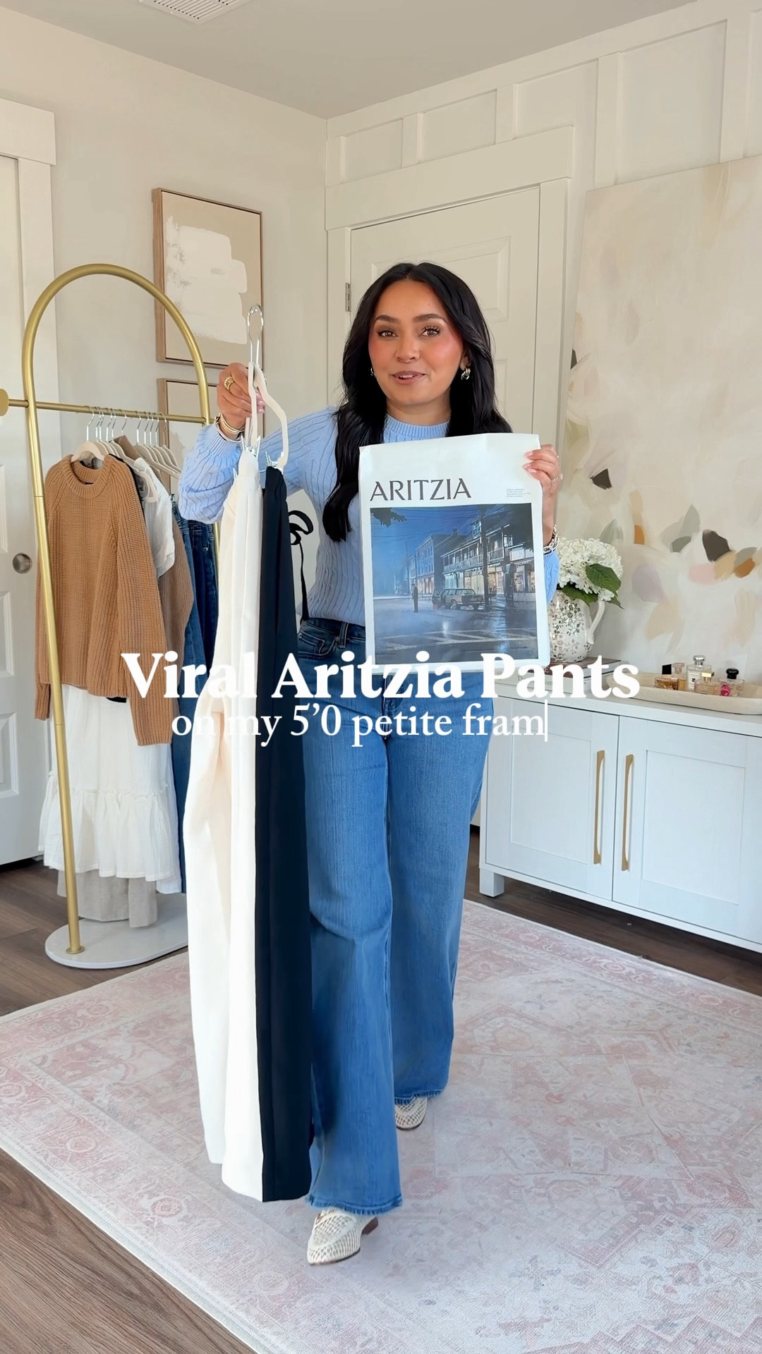 
Viral Aritzia Pants Try on!
For reference: I’m 5’0, petite, 32b bra size, and 2/26 in bottoms, pear shaped. 
*Everything I share is unaltered! TTS means true to size. Between size 5-6.5 in shoes

Pants - I prefer the short petite size. I’m wearing size small. Trying on colors black and light birch
I measured the short inseam to be about 28” and the regular to be about 30” - inseams can vary slightly with different sizes 

Light blue sweater size xxs TTS
White sweater size xxs TTS
Jeans in seaside blue wash size 26 TTS
Mesh loafers size 5 TTS
Sneakers size 6 TTS

#LTKPetite #LTKgrwm #LTKootd
