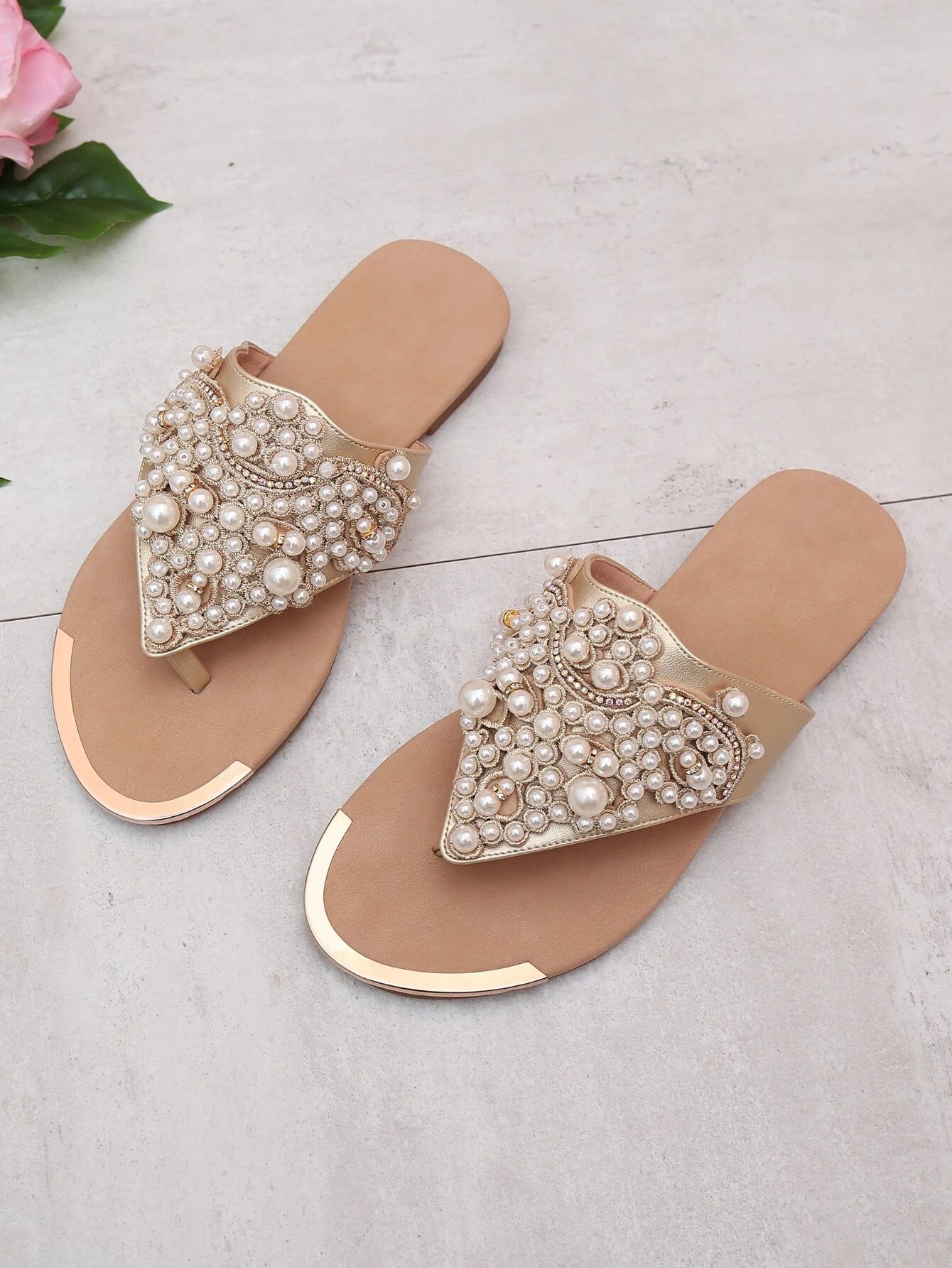 Rhinestone & Faux Pearl Decor Thong Sandals | SHEIN