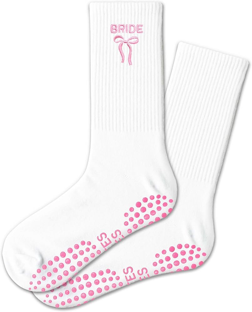 AYQJCBGC Grip Pilates Wedding Pink Bow Crew Socks, Pilates Socks with Grips for Wedding. | Amazon (US)