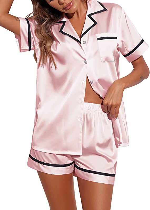 Ekouaer Silk Satin Pajamas Set for Women Short Sleeve Lounge Set Button Down Sleepwear Soft Pjs S... | Amazon (US)