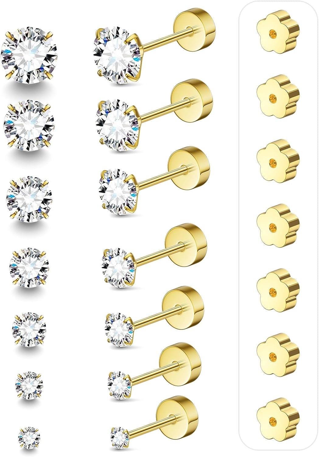 7 Pairs 18G 20G Flat Back Stud Earrings, Hypoallergenic Surgical Steel Set | Amazon (US)