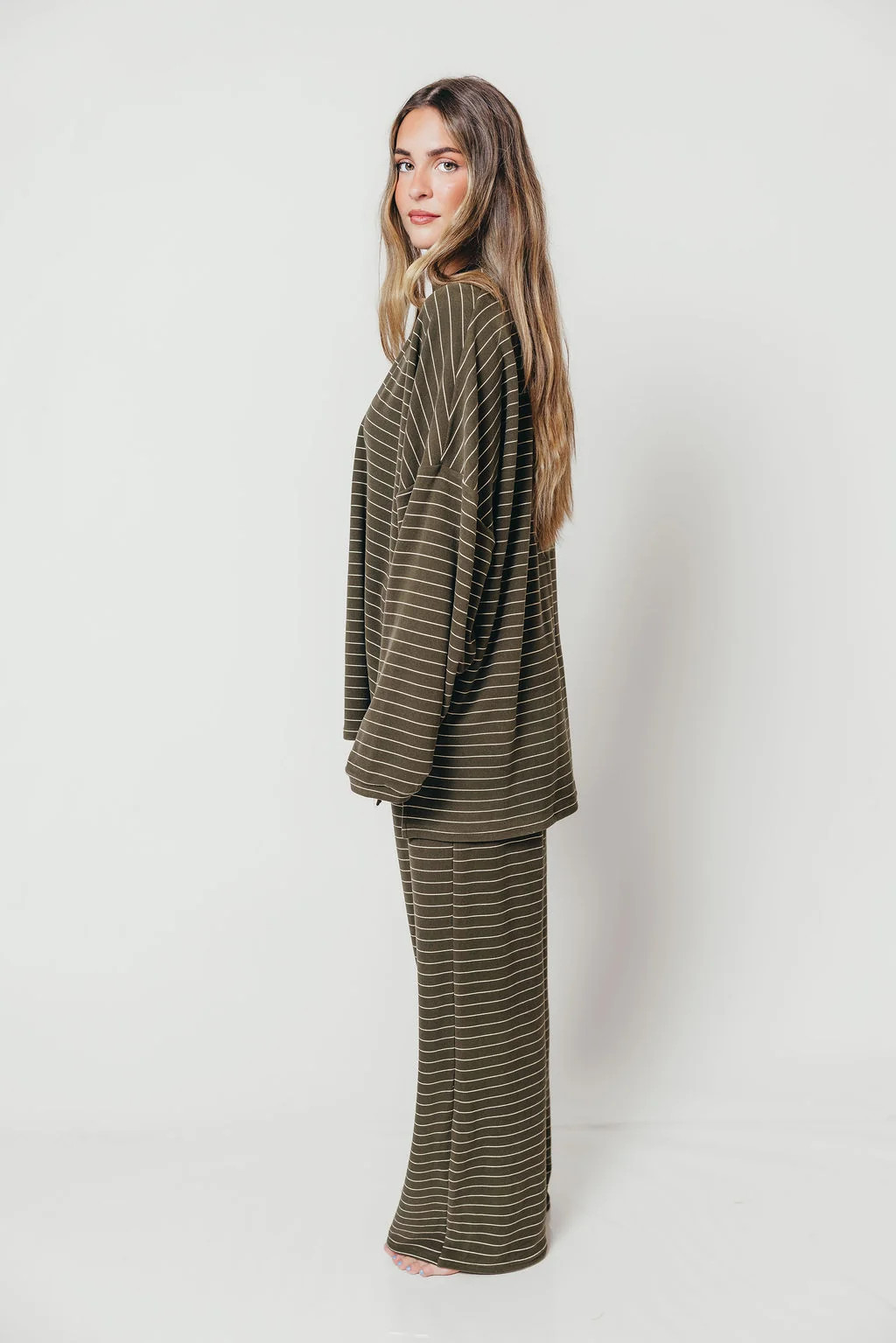Campbell Thin Striped ButterFleece Lounge Pants in Olive/Cream | Worth Collective