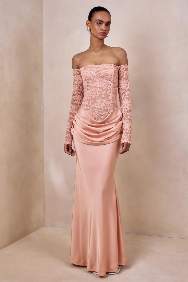 Rinna  Pink Lace And Satin Bardot-Neck Maxi Dress | Club L London
