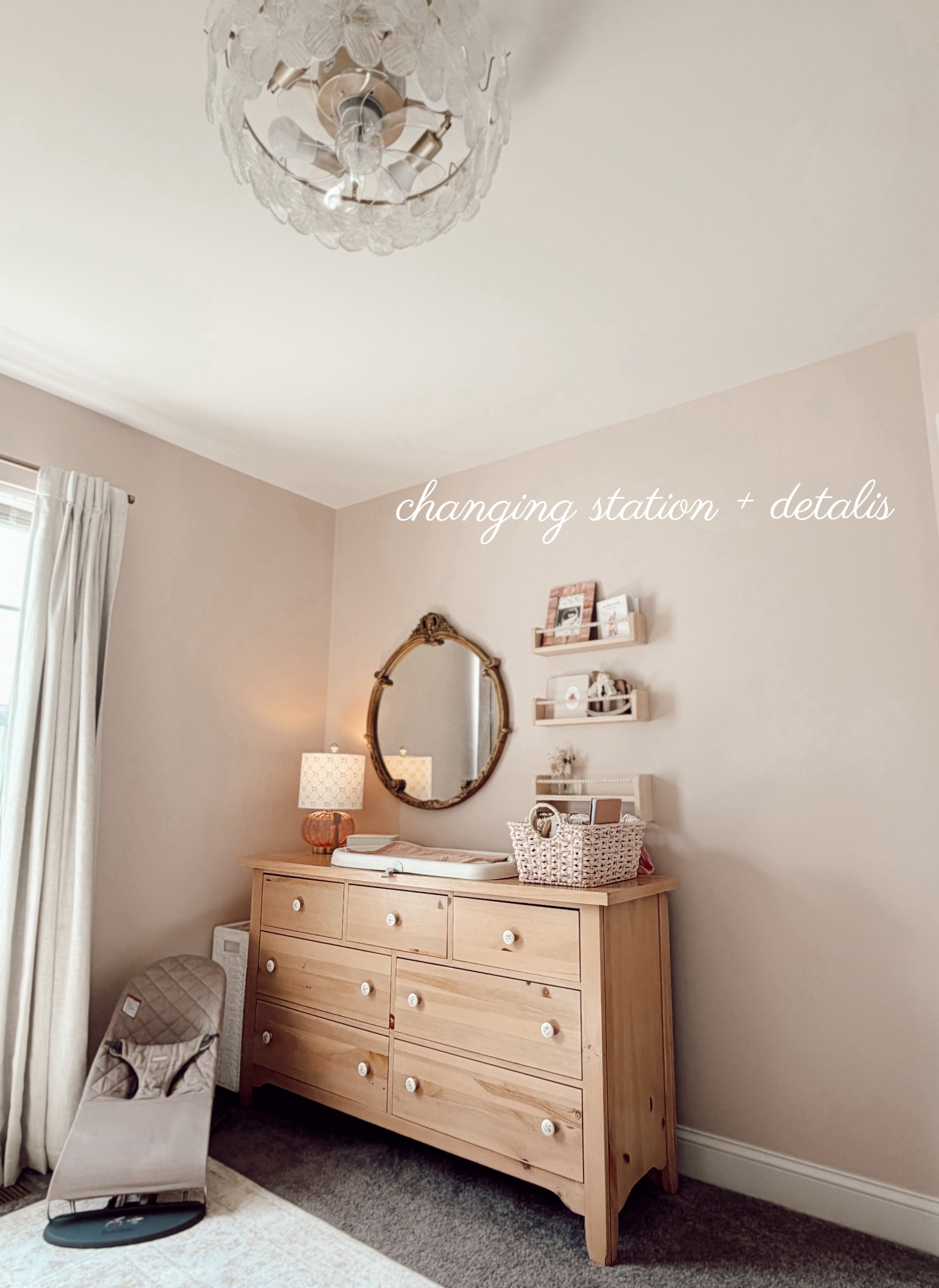 linking our nursery dresser / changing station! missing a few things on her shelving I have packed in our bags for delivery! 

my mirror and dresser are vintage so I’m linking look alikes! Knobs we’re swapped out for a more girly feel from @Etsy ✨💓 

I love this affordable shelving as well I added some curtain rod hangers at the bottom of it to hang her bows on 🎀

Girl mom life is so fun 🥹 everything is just 10 times cuter in little girl form 😆 

#LTKBaby #LTKmomlife #LTKHome