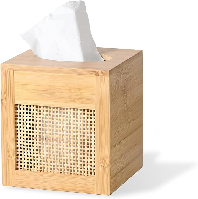 Square Bamboo Tissue Box Cover, Natural Rattan Tissue Holder with Magnets for Kitchen, Bathroom, ... | Amazon (US)