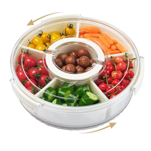 Rotating Divided Serving Tray with Lid and Handle,6 Compartments Snackle Box Container,12" Large Snack Spinner Lazy Susan,Fruit Veggie Tray Portable Round Snack Box Candy Fridge Organizer Platterbox | Amazon (US)