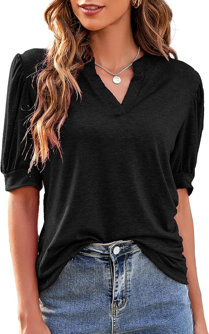 Women's Long Sleeve V Neck Tunic Tops Puff Short Sleeve Casual Loose Solid/Floral Tunic Blouse Sh... | Amazon (US)