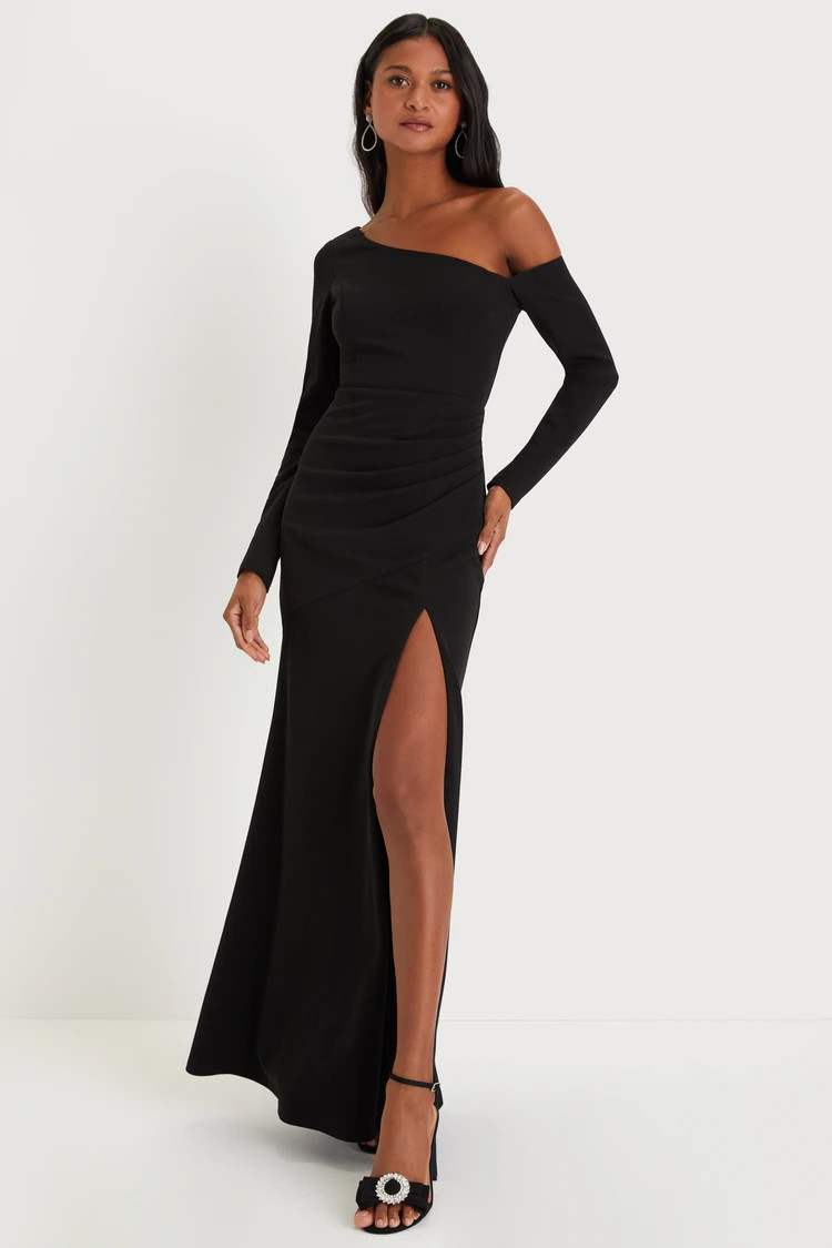 Elegant Sensation Black Asymmetrical Pleated Maxi Dress | Lulus (US)