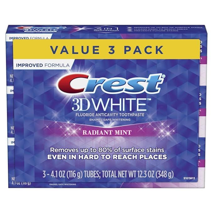 Crest 3D White Toothpaste Radiant Mint (3 Count of 4.1 oz Tubes), 12.3 oz Packaging May Vary | Amazon (US)