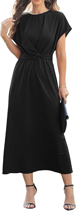 MyFav Women's Formal Dresses Batwing Elegant Tie Elastic Waist Front Wrap Maxi Wedding Guest Cock... | Amazon (US)