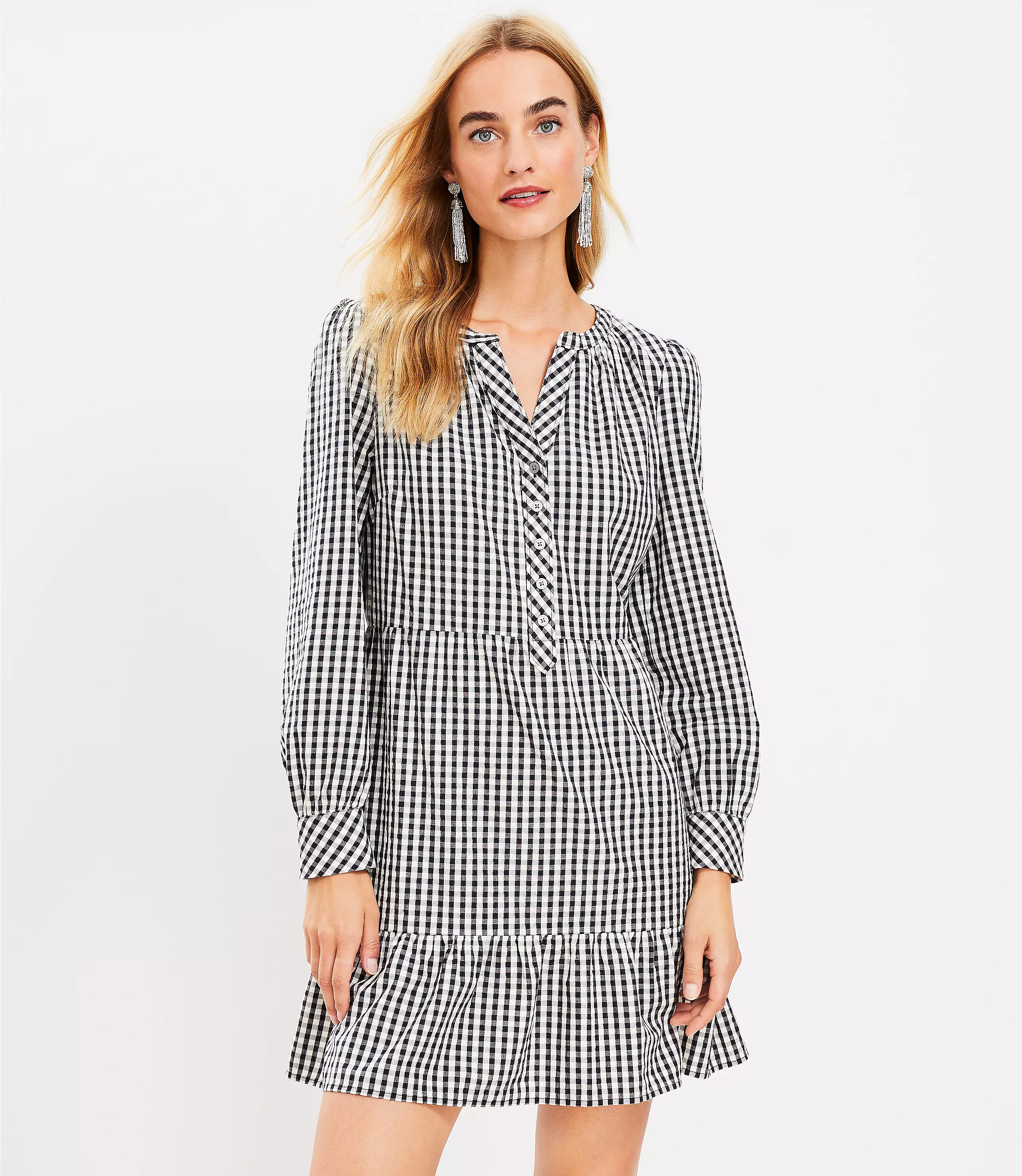 Gingham Flounce Swing Dress | LOFT