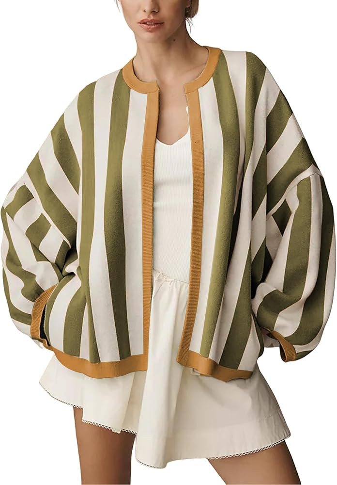 Women's Casual Loose Fit Striped Cardigan Long Balloon Sleeves Open Front Knit Sweater | Amazon (US)