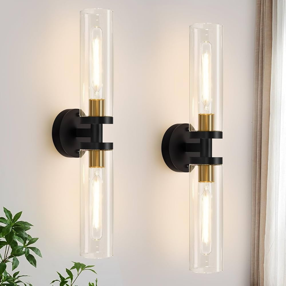 Wall Sconces Set of Two, 22" Black and Gold Bathroom Sconces with Clear Glass, Hardwired Modern S... | Amazon (US)