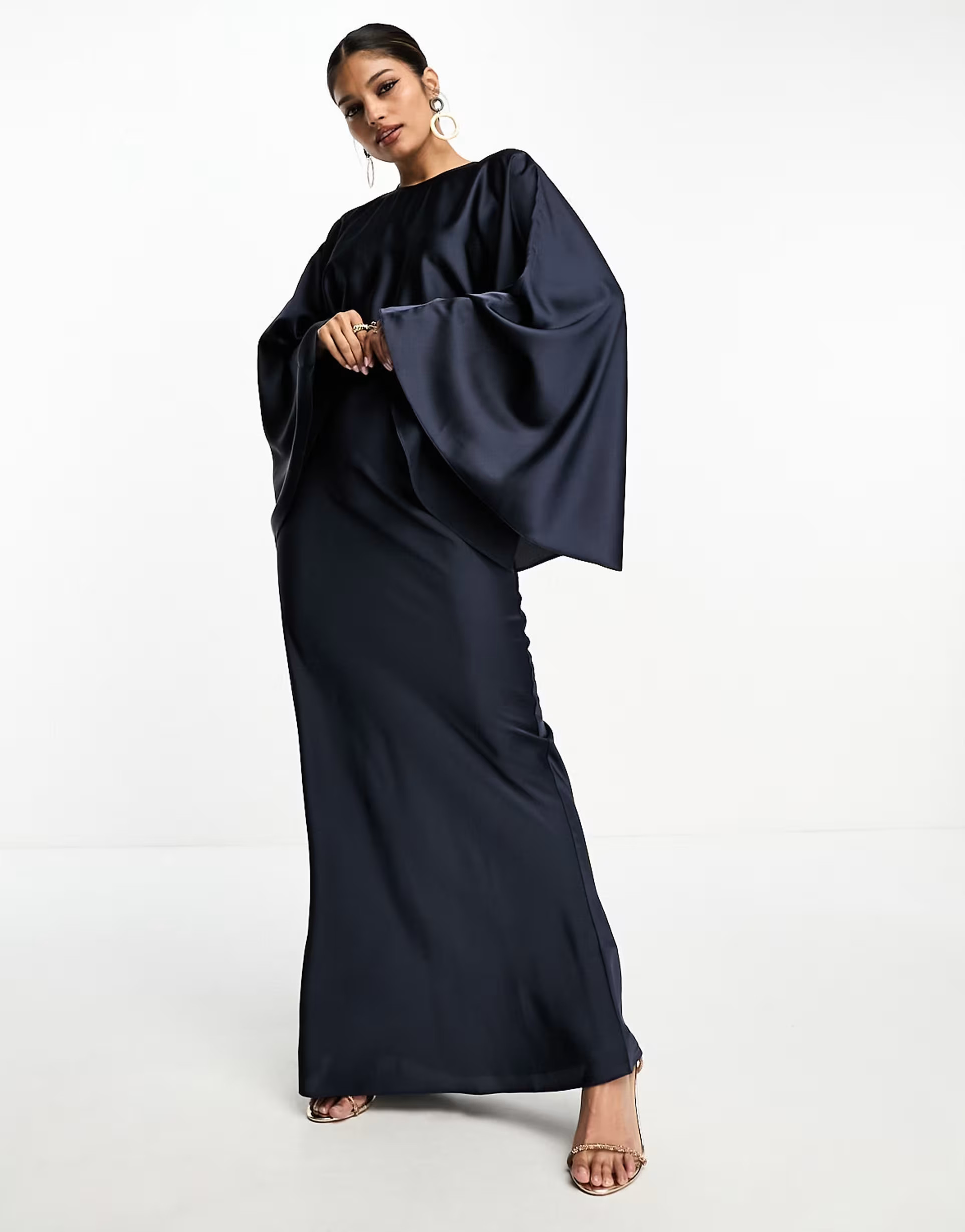 ASOS DESIGN satin batwing bias waisted maxi dress in navy | ASOS (Global)