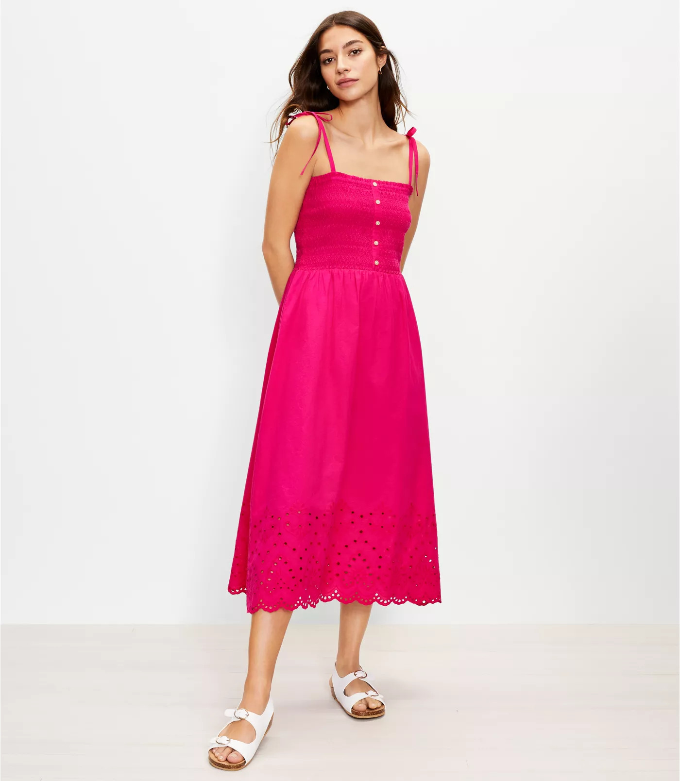 Eyelet Smocked Strappy Midi Dress | LOFT | LOFT