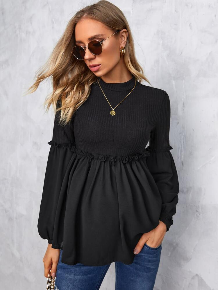 SHEIN Maternity Mock Neck Frill Trim Lantern Sleeve Peplum Tee | SHEIN