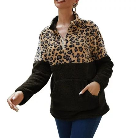 Women Leopard Sweater Long Sleeve Pockets Sweater Stitching Casual Top New | Walmart (US)