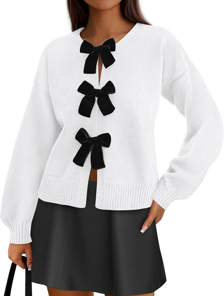 PRETTYGARDEN Cardigan Sweaters for Women Fall Fashion 2025 Bow Tie Front Long Sleeve Knit Sweater... | Amazon (US)