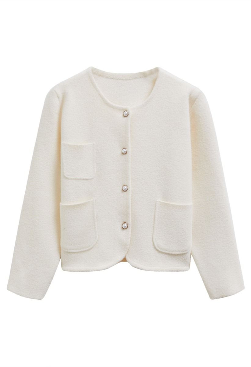 Sweetly Patch Pocket Pearly Button Knit Cardigan in Cream | Chicwish